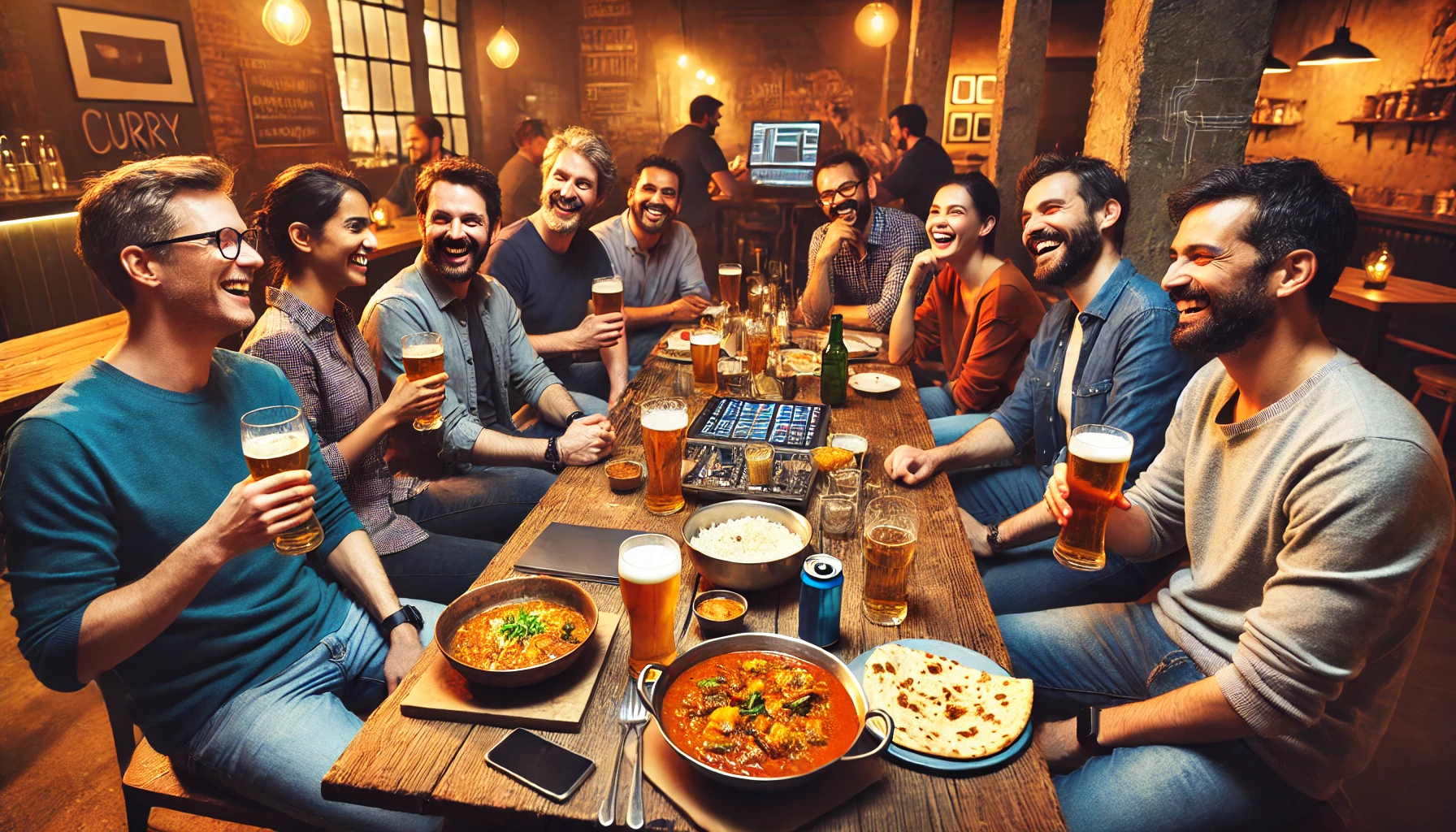 Obviously AI generated image of IT developers enjoying beer and curry